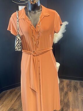 Rust Orange Midi Shirt Dress with Waist Tie-1x
